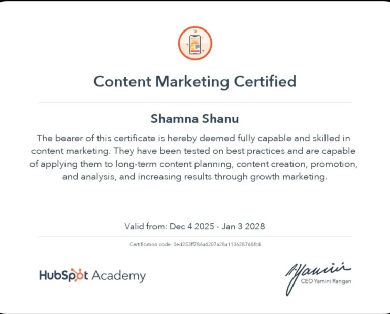 content marketing certificate of a freelance digital marketer in kannur