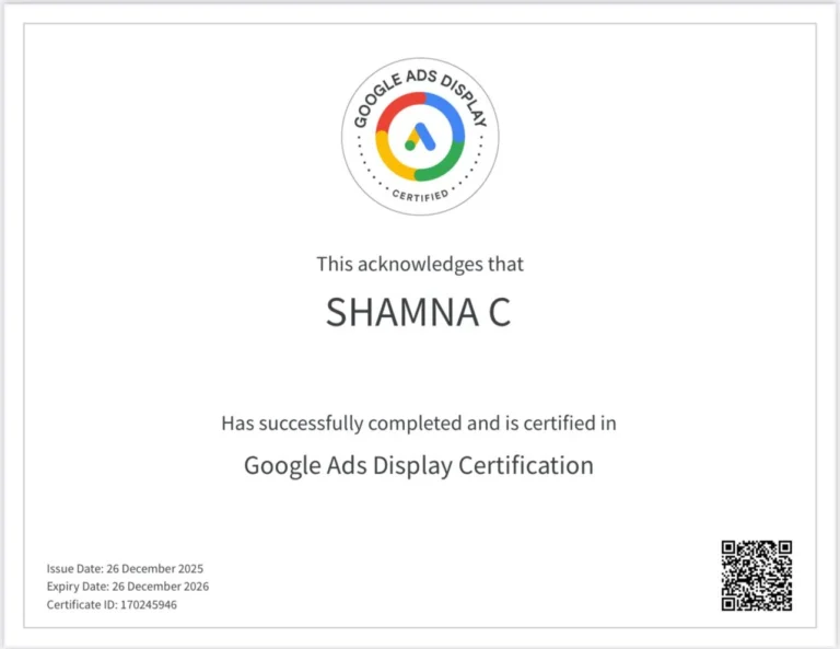 google ads display certificate of a freelance digital marketer