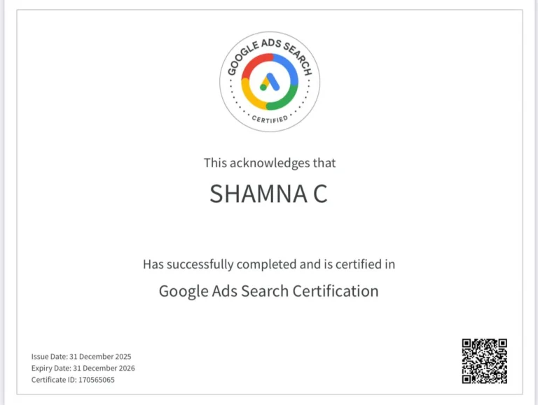 google ads search certificate of a freelance digital marketer