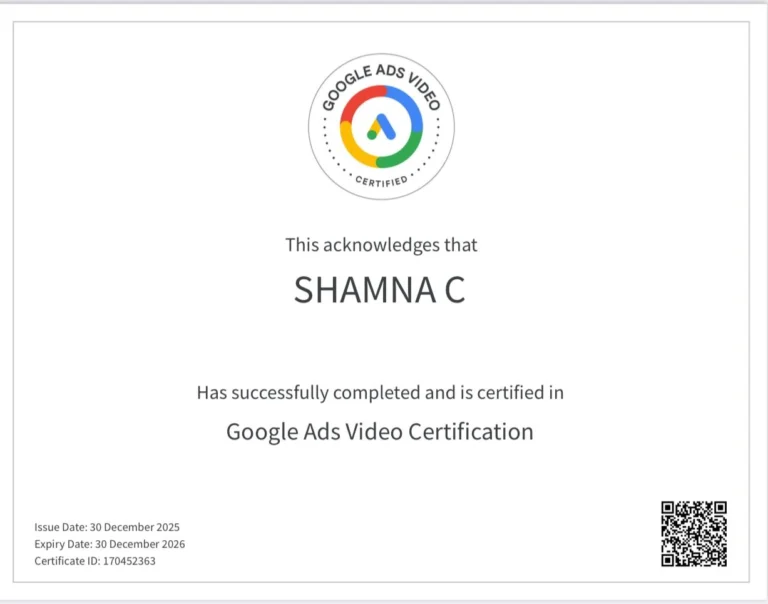 google ads video certificate of a freelance digital marketer in kannur