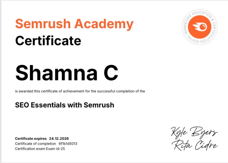 semrush certificate of a freelance digital marketer in kannur